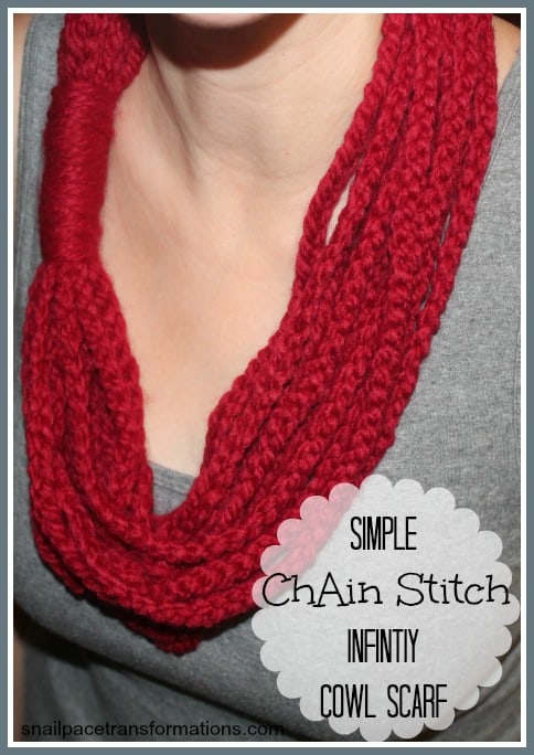 Red chain stitch infinity cowl scarf