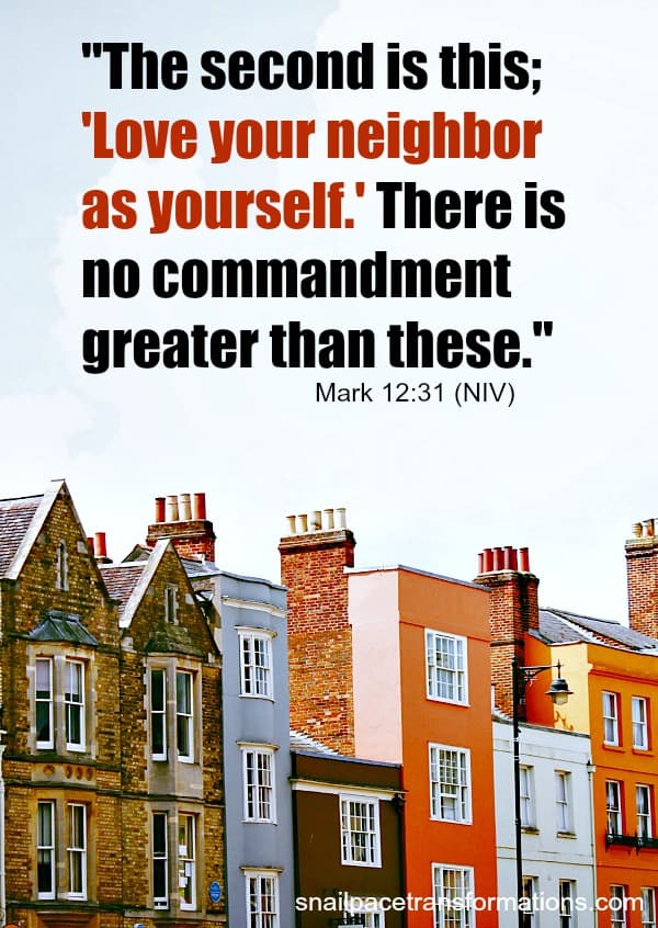 Mark 12:31, "The second is this; 'Love your neighbor as yourself.' There is no commandment greater than these."  (NIV)