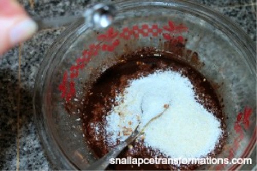 Homemade vegan chocolate step 3: add in the coconut and the almonds and maple syrup and stir.