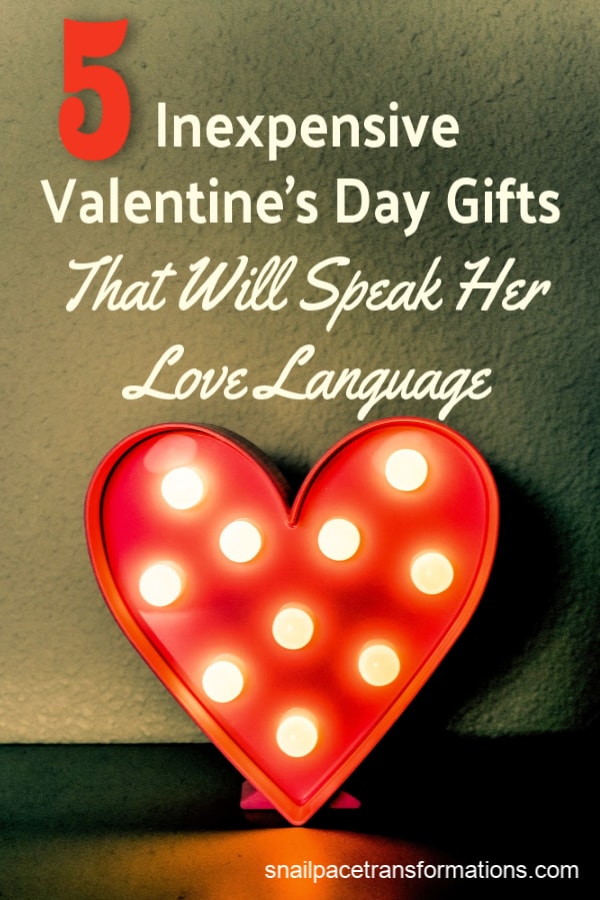 Speak her love language with these 5 inexpensive Valentine's Day gift ideas. One gift idea for each of the 5 love languages. #valentines #valentinesday #giftideas