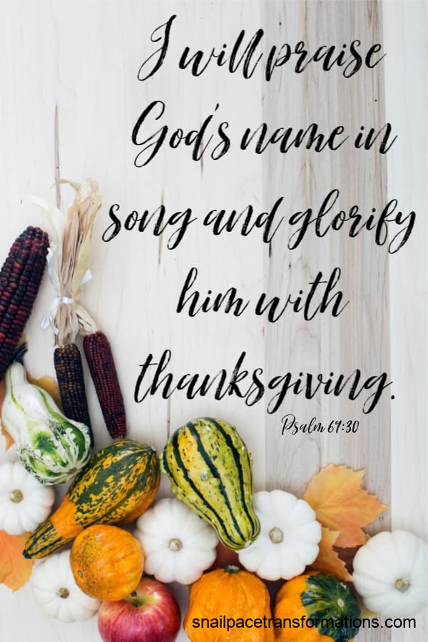 Psalm 69:30 (New International Version UK) I will praise God’s name in song and glorify him with thanksgiving.